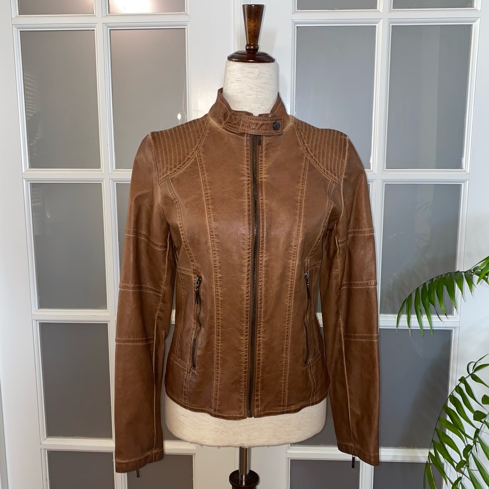 EUC Women’s Size Small, M. S.S. P. Brown Vegan Leather Moto Zipper Jacket
